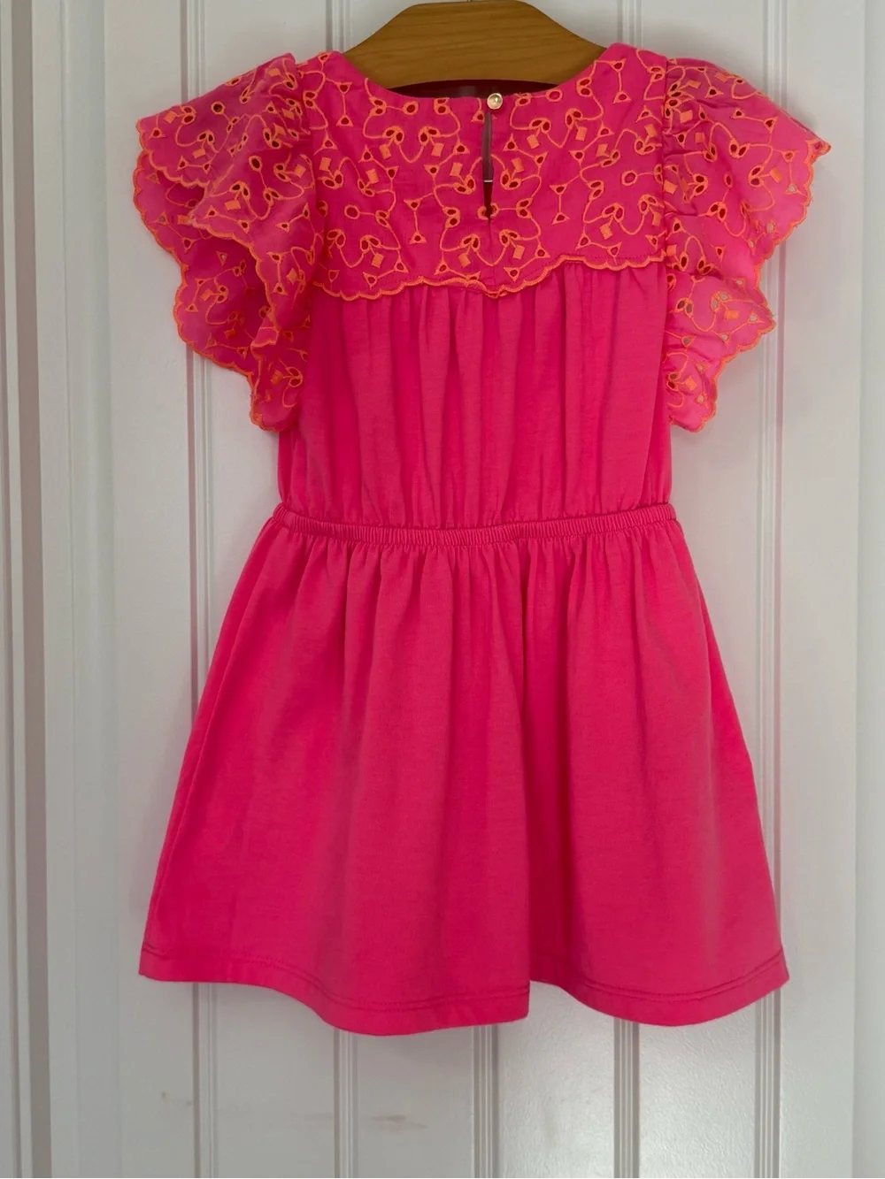 Lilly Pulitzer Girls Evette Dress Pink Isle XS (2-3) Eyelet Flutter Sleeve